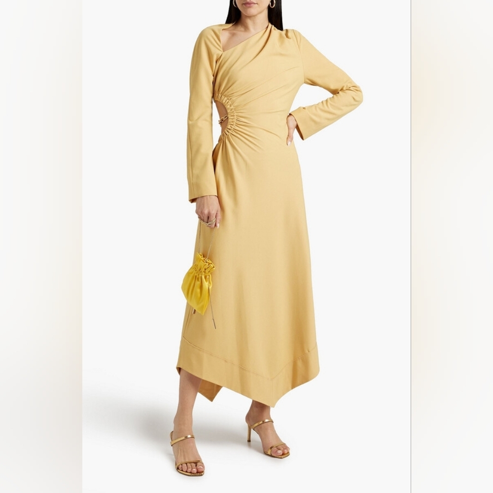 JONATHAN SIMKHAI Christie Gathered  Cutout Crepe Midi Dress Yellow US 8 Org $645
